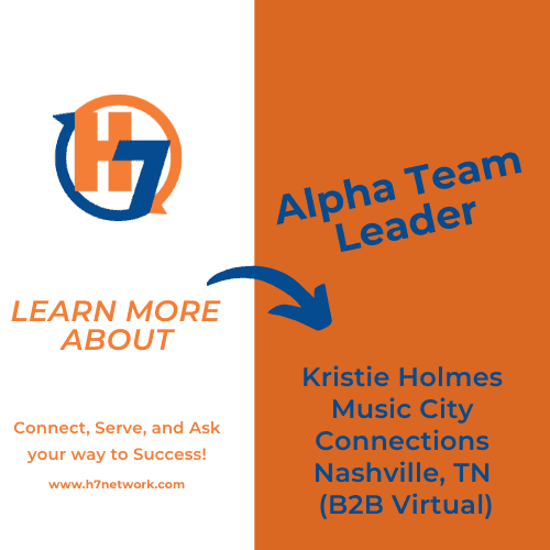 Kristie Holmes, with the HR Dept, in Nashville, TN is building the H7 Network B2B program for the community. She, along with her Alpha Team, will be running a H7 B2B Music City Connection meeting weekly in Nashville but virtual.