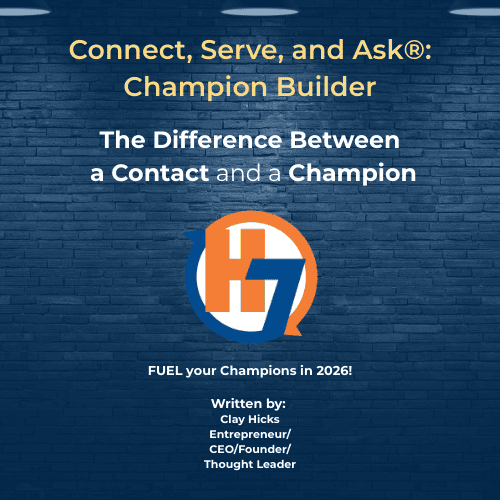 Graphic highlighting the concept “The Difference Between a Contact and a Champion.” The image represents the idea that successful professionals focus on Champion Building—developing trusted relationships that advocate for you when you're not in the room—rather than simply collecting networking contacts.